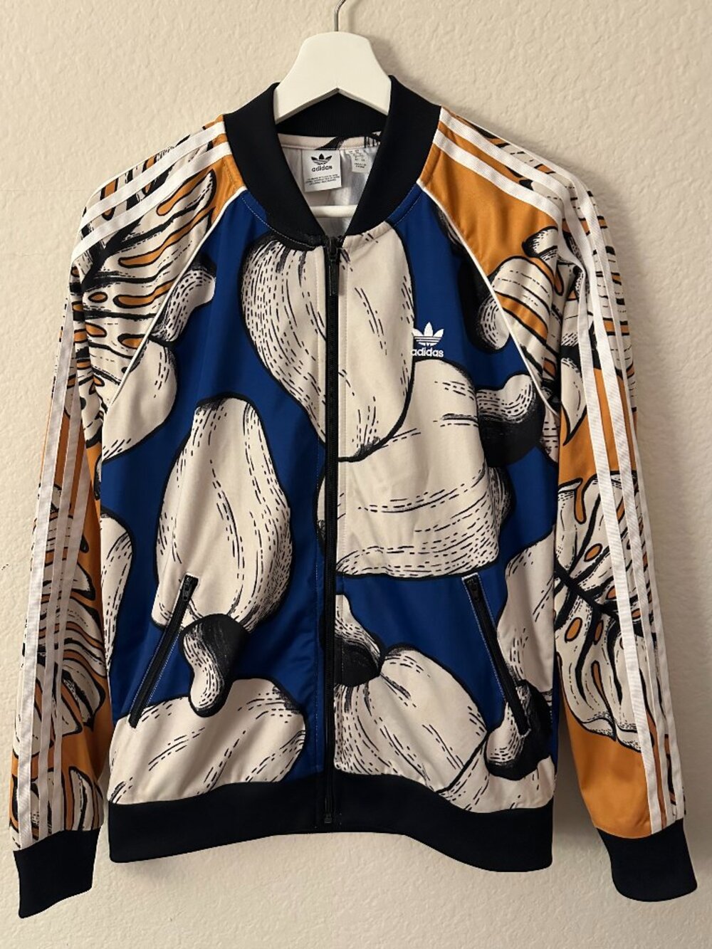 Adidas Abstract Botanical/Leaf Track Jacket Blue & Yellow Sz Md